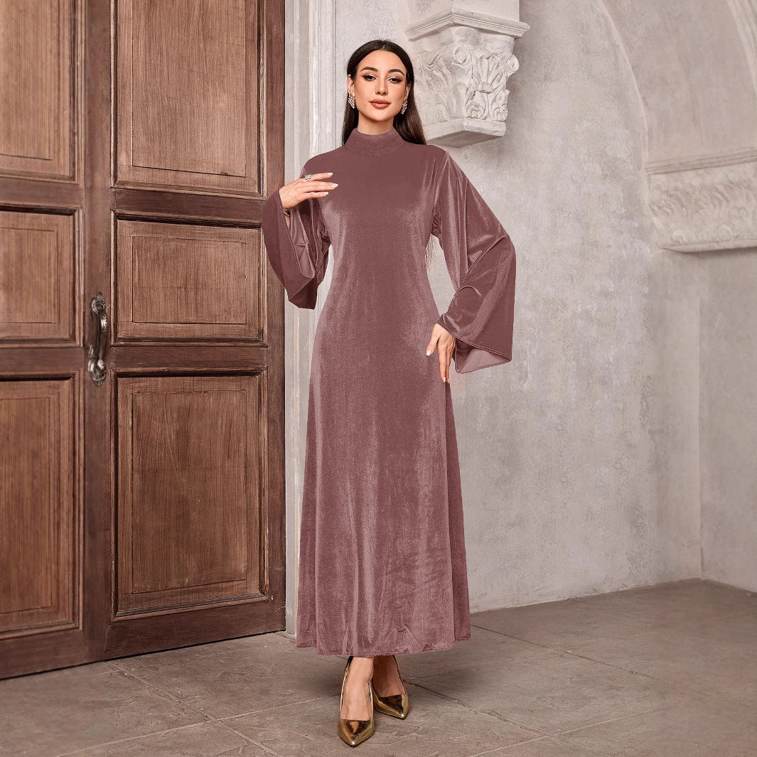 Damen Maxikleid aus Samt mit Stehkragen und Glockenärmeln Shop Nory