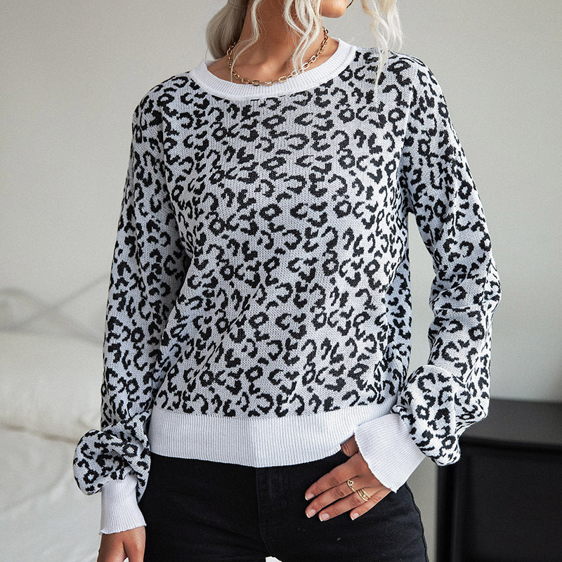 Damen Leichter Strukturstrick-Pullover mit Leoparden-Jacquard und geripptem Rundhalsausschnitt Shop Nory