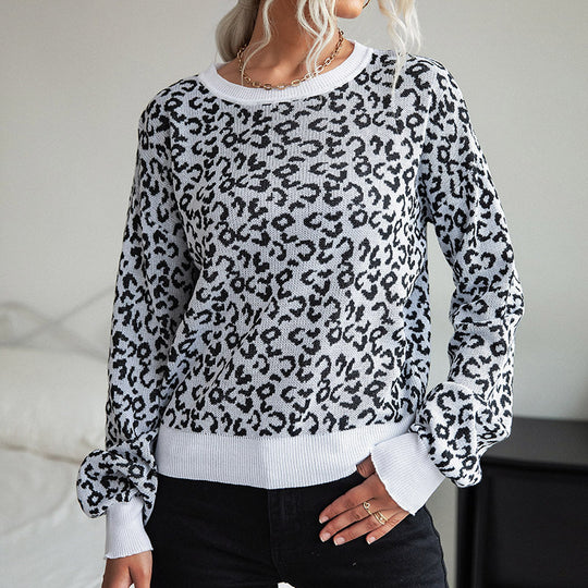 Damen Leichter Strukturstrick-Pullover mit Leoparden-Jacquard und geripptem Rundhalsausschnitt Shop Nory