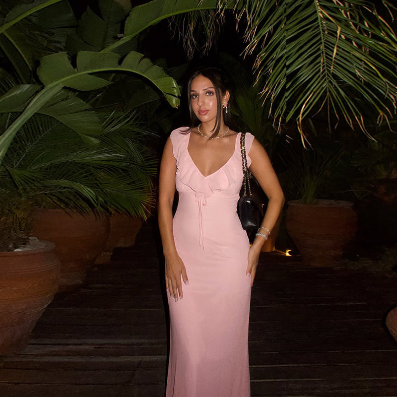 Damen figurbetontes Maxikleid mit Rüschendetails und V-Ausschnitt