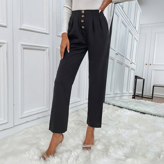 Damen Hochtaillierte Bundfalten-Hose mit dekorativer Knopfleiste und geradem Bein Shop Nory