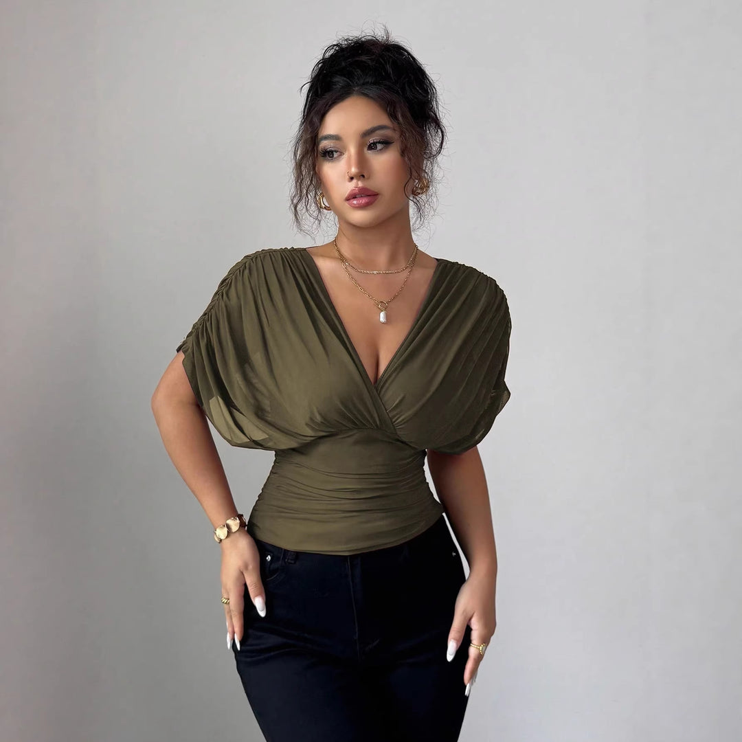 Damen figurbetontes Wickel-Top mit tiefem V-Ausschnitt und gerafften Flügelärmeln Shop Nory