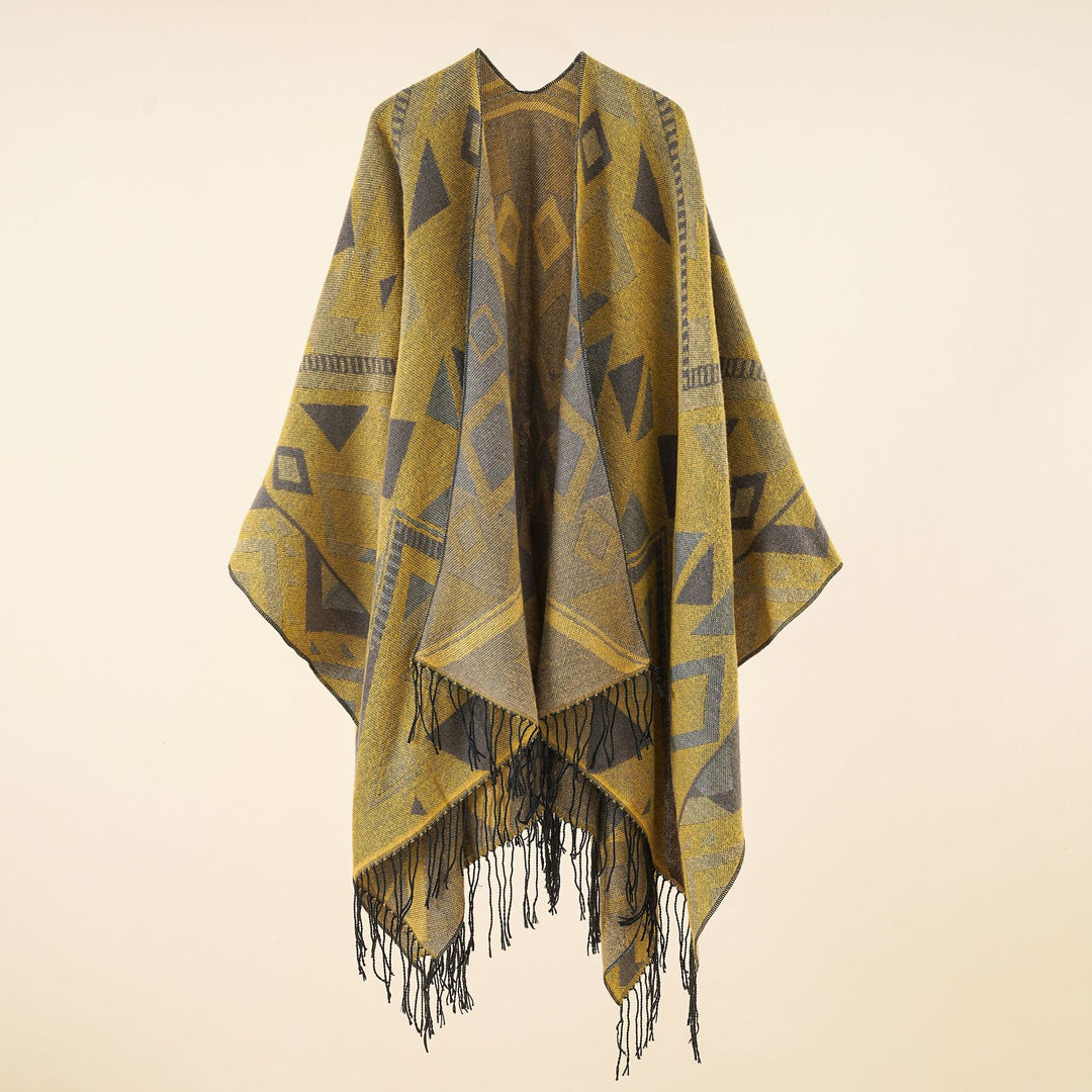 Damen Gewebter Ruana-Umhang aus Wollmix mit grafischem Ethno-Jacquard und langen Fransen Shop Nory