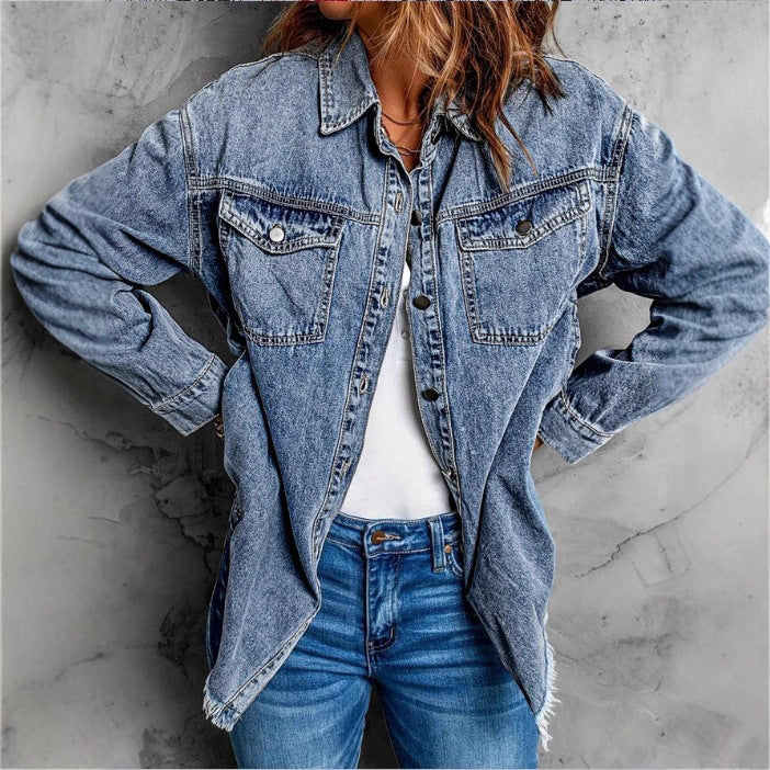 Damen Oversized Denim‑Hemdjacke mit Pattentaschen, Used‑Look und rohem Saum Shop Nory