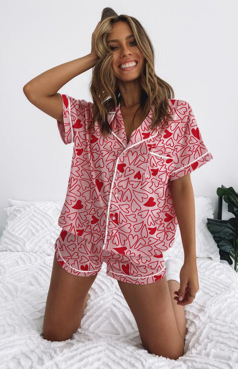 Damen Kurzarm-Pyjama-Set mit verspieltem Schleifenmuster