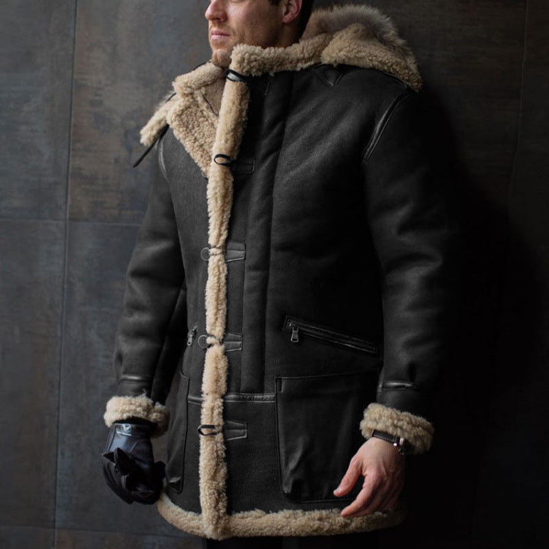 Herren Lammfell-Mantel mit Kapuze und praktischen Taschen