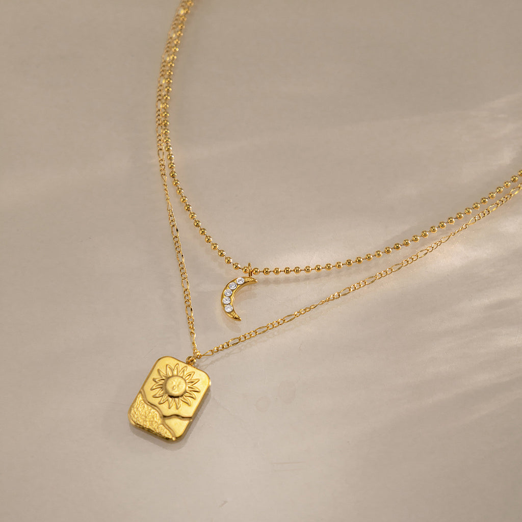 Damen Mehrlagige Halskette mit Sonnen- und Mondanhängern Shop Nory