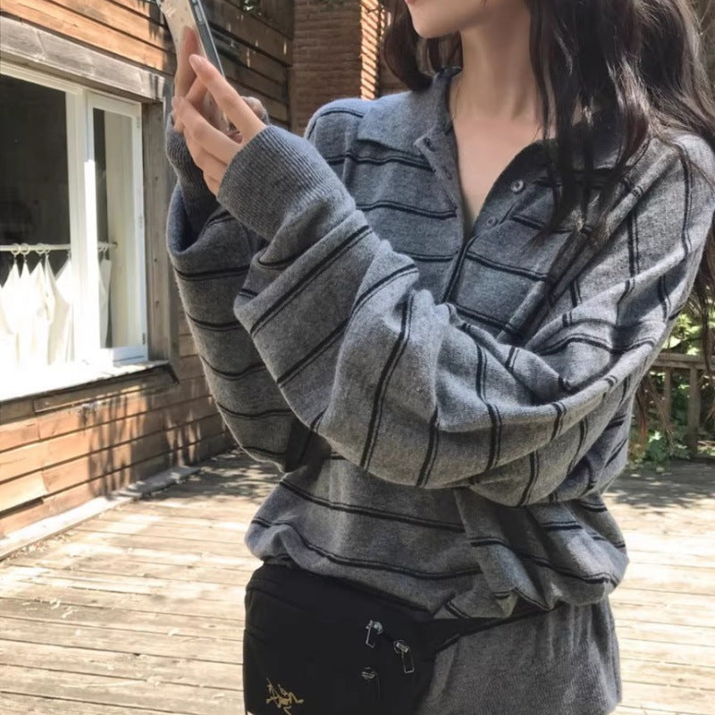 Damen Oversize-Polokragen-Strickpullover mit Streifen und halber Knopfleiste Shop Nory