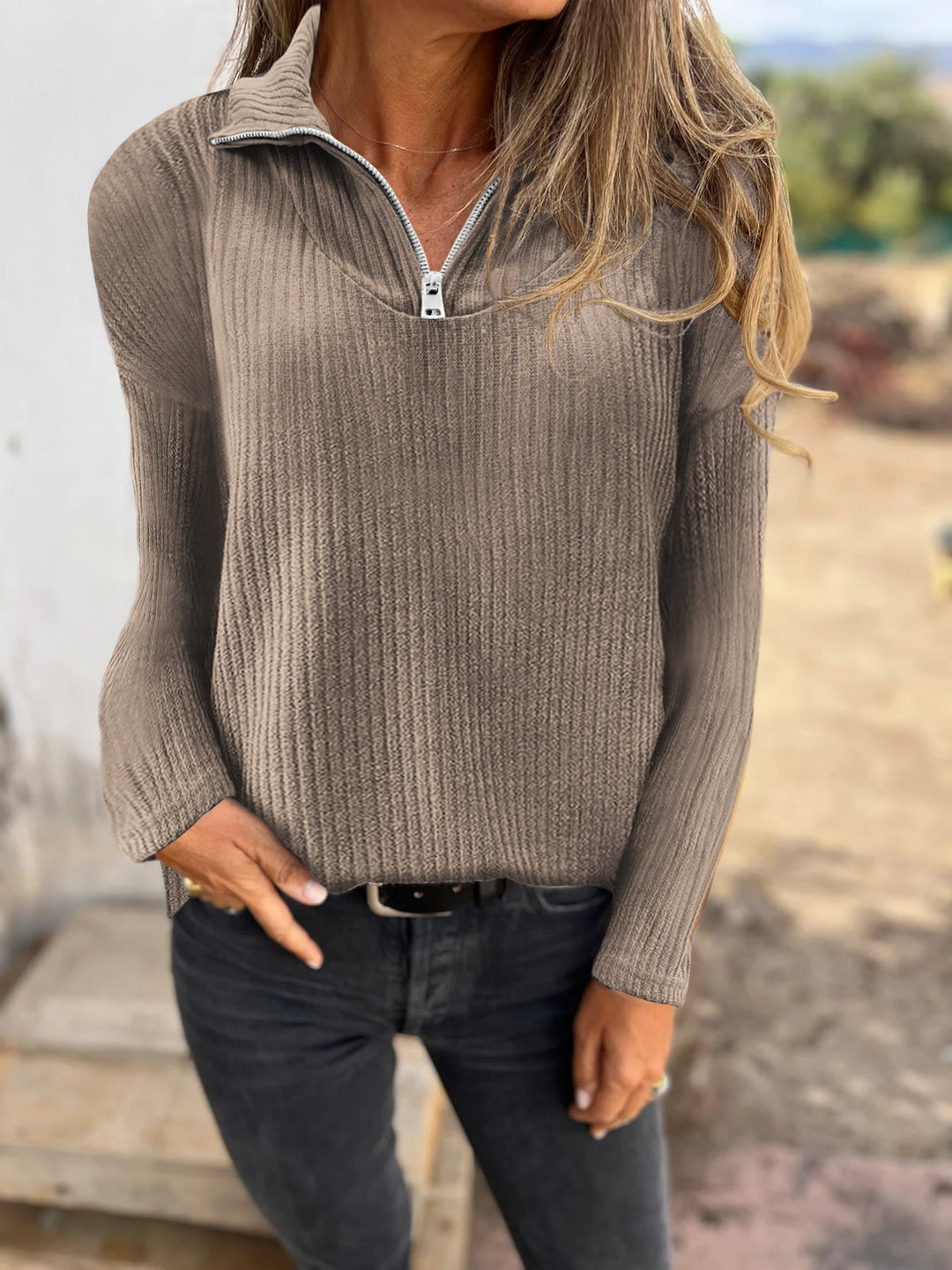 Damen Rippstrickpullover mit halbem Reißverschluss und Stehkragen Shop Nory