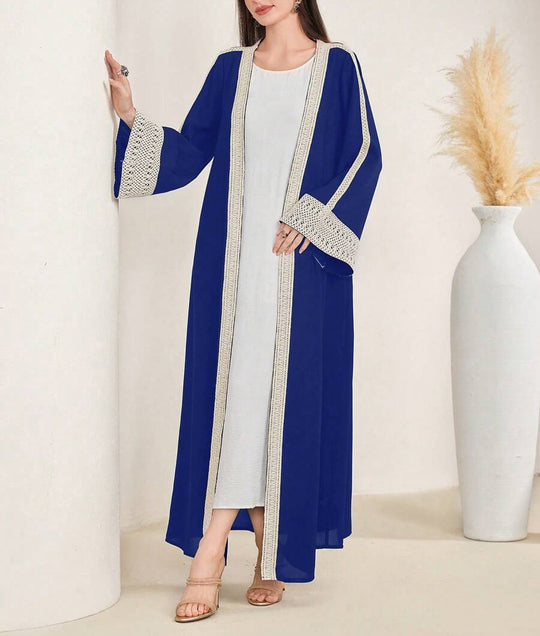 Damen Langes Open‑Front Kaftan‑Mantel mit Häkelspitzenbesatz Shop Nory