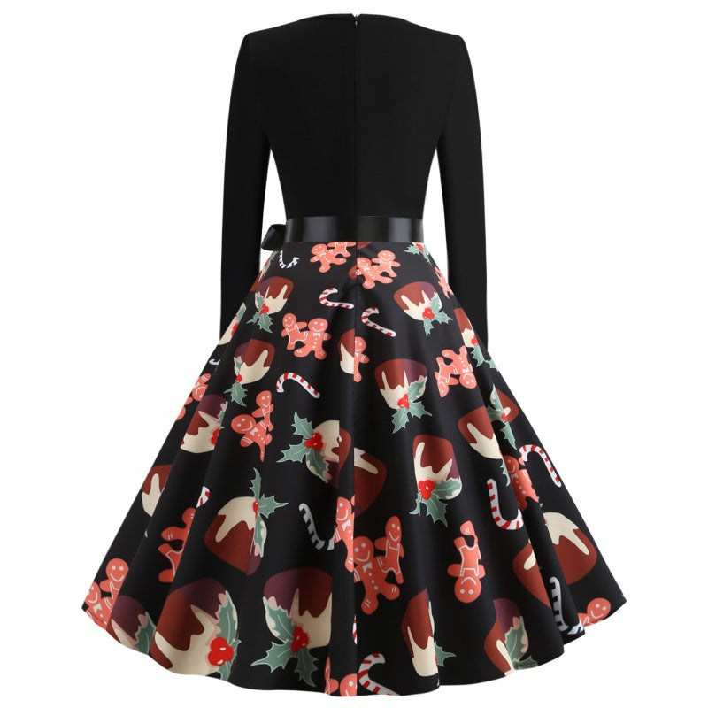 Damen Festliches Tellerkleid im Retro Stil mit langen Ärmeln tailliertem Oberteil und Satin‑Taillenschleife Shop Nory