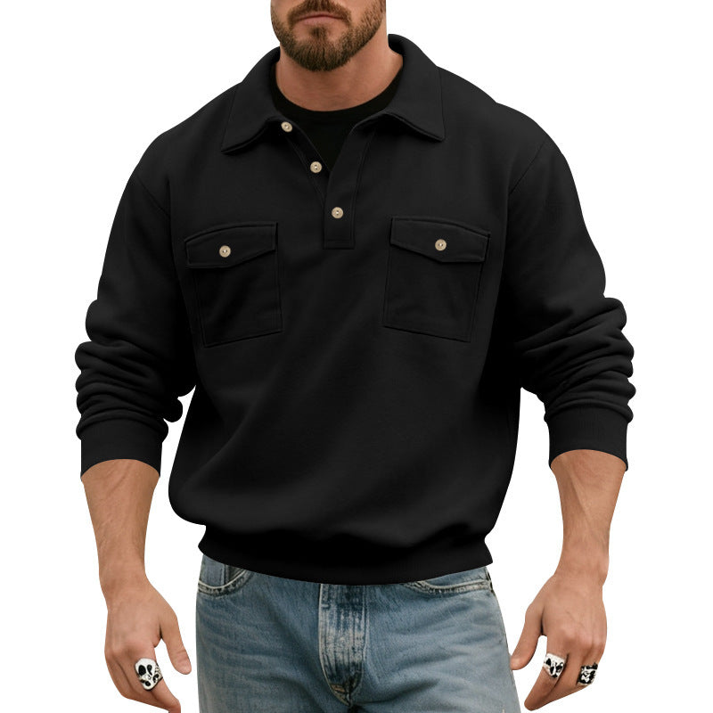 Herren nan legerer Button-Polo-Sweatshirt mit aufgesetzten Brustklappen und gerippten Bündchen Shop Nory