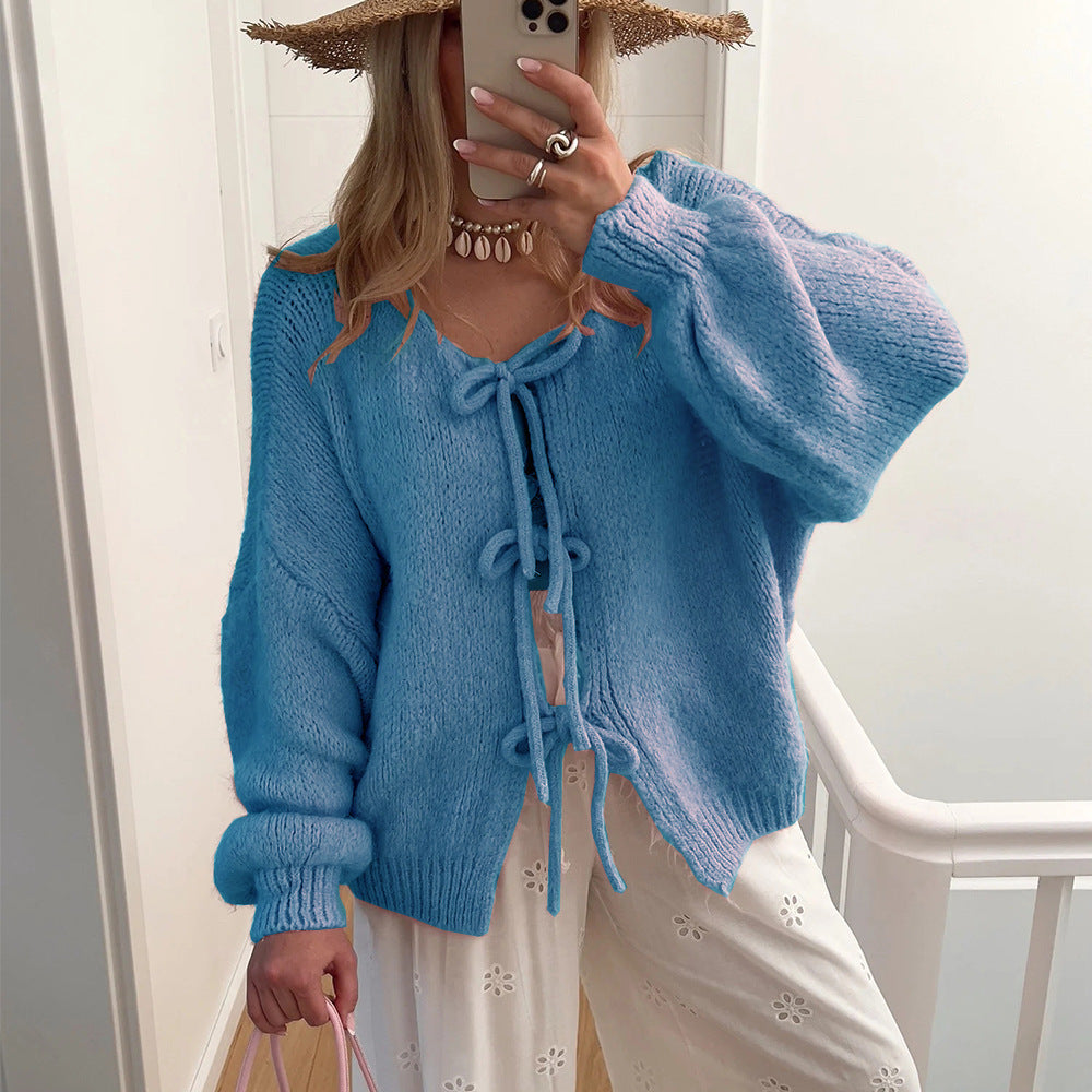 Damen Grobgestrickter Offener Cardigan mit Bindebändern, Oversize‑Silhouette und Raglanärmeln Shop Nory