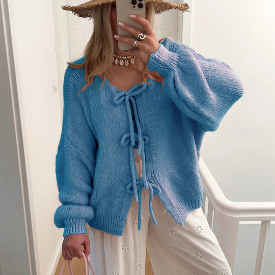Damen Grobgestrickter Offener Cardigan mit Bindebändern, Oversize‑Silhouette und Raglanärmeln Shop Nory