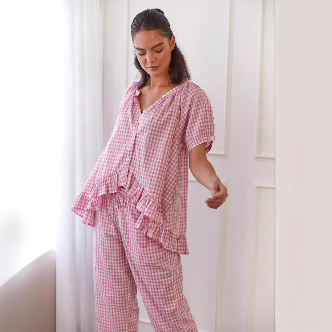 Damen Pyjama-Set mit Rüschen und Karomuster