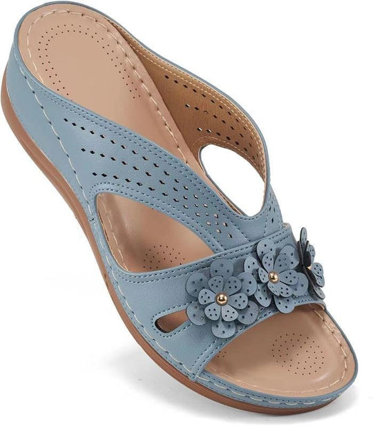 Damen Bequeme Pantoletten mit Blumenapplikation und orthopädischer Dämpfung Shop Nory