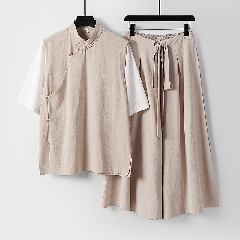 Damen Zweiteiliges Kimono-Loungewear-Set aus Leinenmischung mit Stehkragen asymmetrischer Knopfleiste und weitem Palazzo-Hosenrock Shop Nory