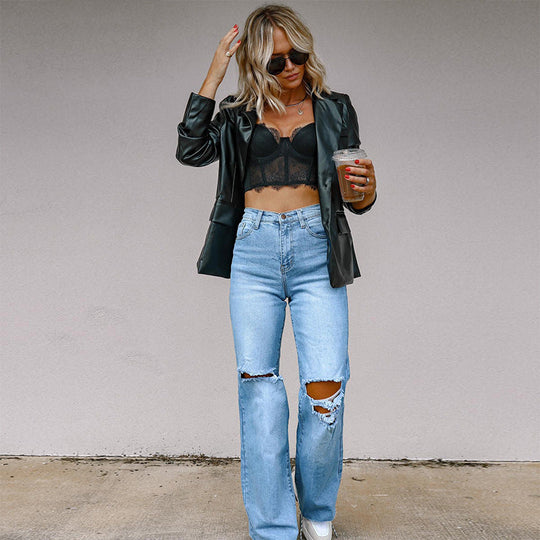 Damen Gefütterte Wide-Leg Jeans mit modischen Rissen und hohem Bund