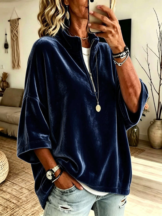 Damen Oversize Samt-Pullover mit kurzem Reißverschluss und Stehkragen Shop Nory