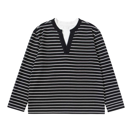 Damen Gestreiftes Strickshirt mit V-Ausschnitt und Lagenlook Shop Nory