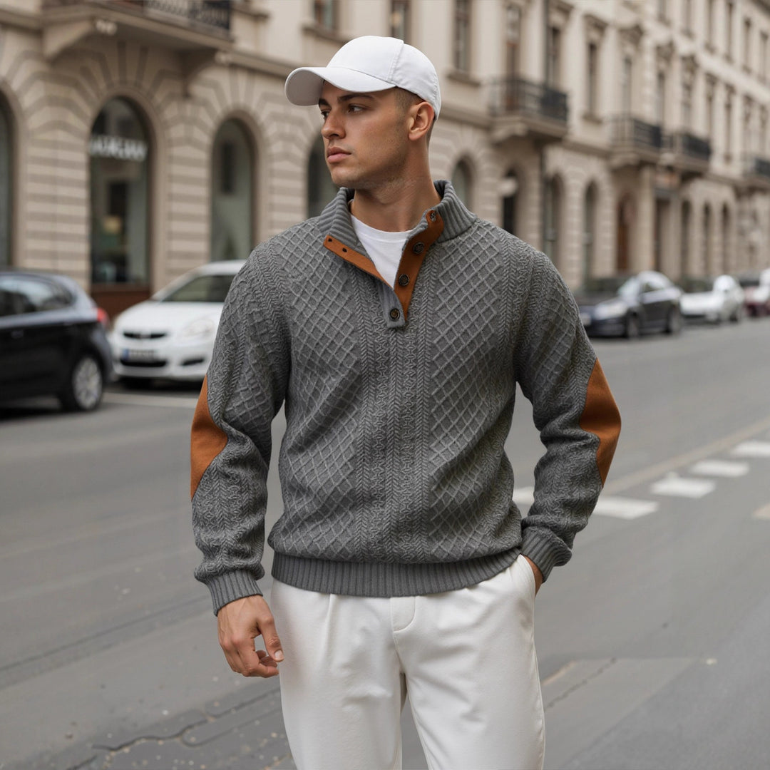 Herren Troyer-Pullover mit Stehkragen, strukturierter Strickoptik und Kontrast-Ellbogenpatches Shop Nory