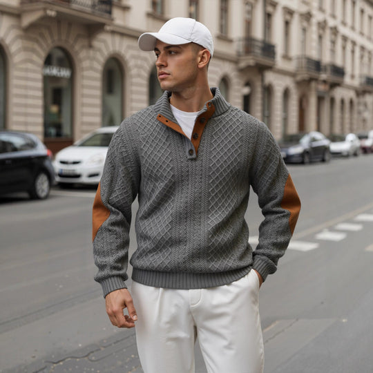 Herren Troyer-Pullover mit Stehkragen, strukturierter Strickoptik und Kontrast-Ellbogenpatches Shop Nory