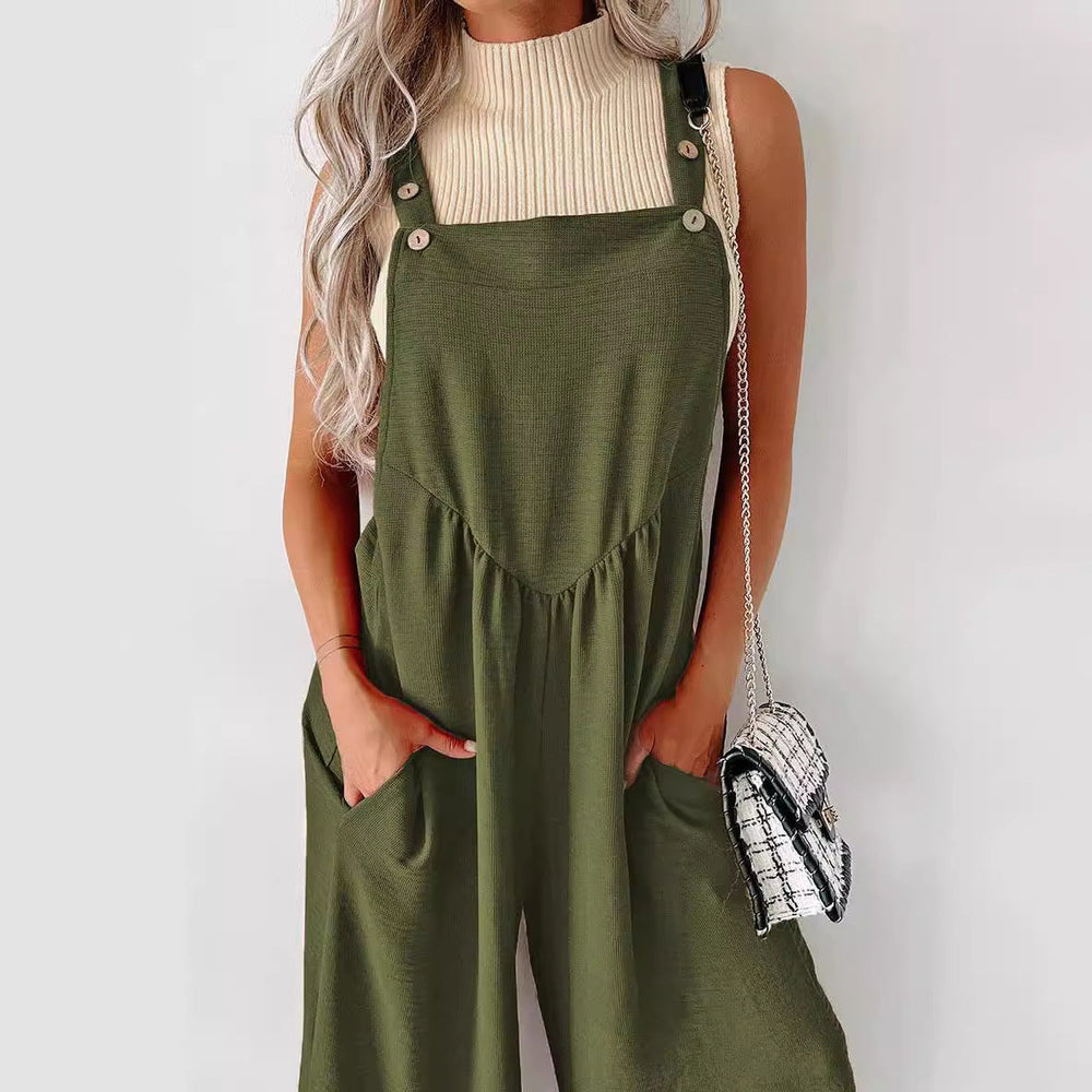 Damen lässiger Jumpsuit mit weit geschnittenem Bein und dekorativen Knopfdetails