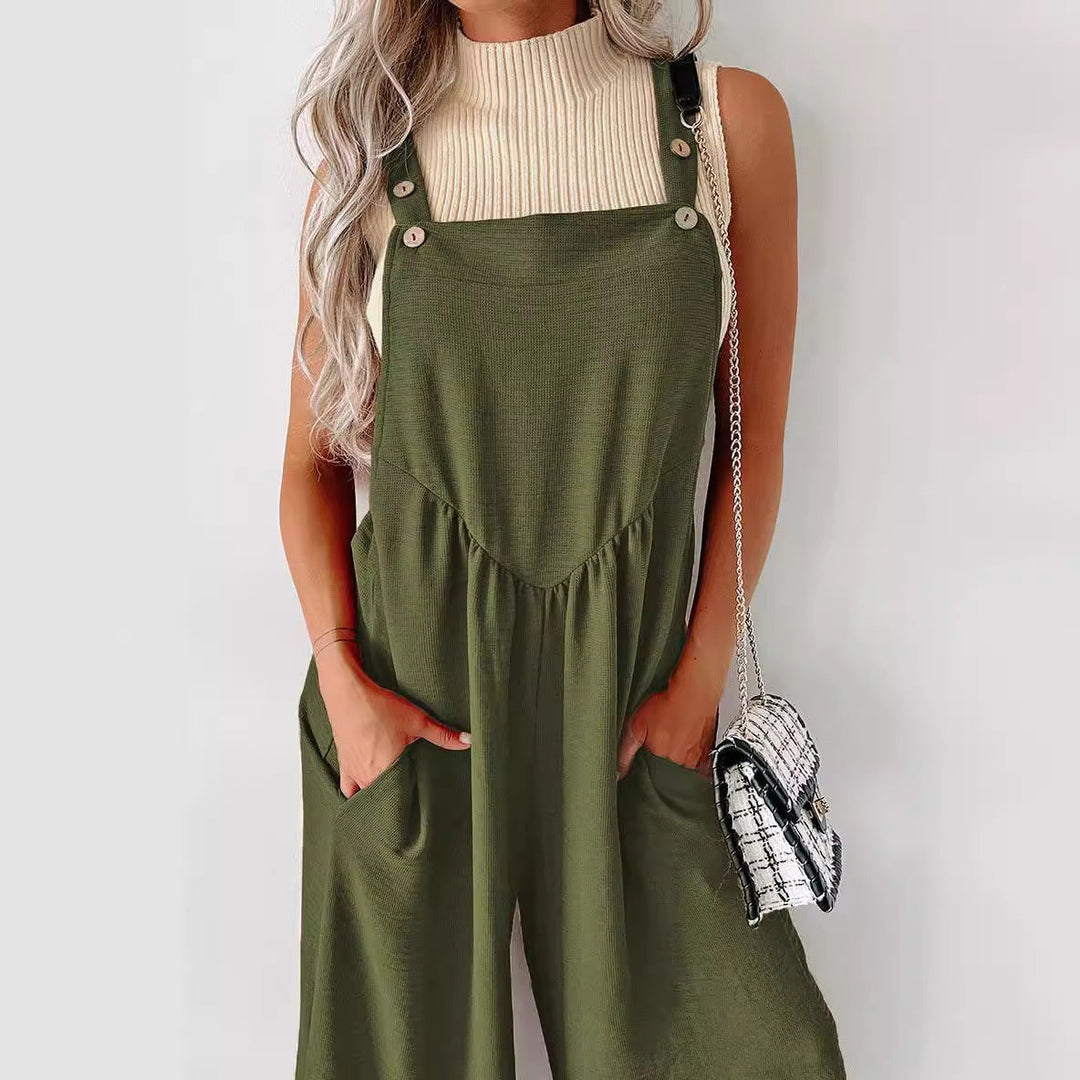Damen lässiger Jumpsuit mit weit geschnittenem Bein und dekorativen Knopfdetails