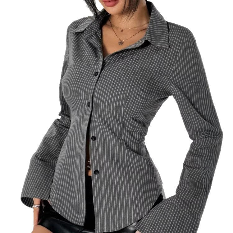 Damen Taillierte Nadelstreifen-Bluse mit ausgestellten Manschetten Shop Nory