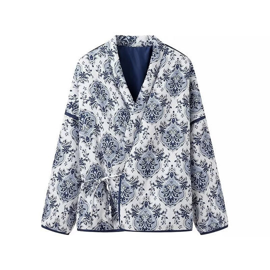 Damen Gesteppte Kimono‑Jacke mit ornamentaler Jacquardoptik und kontrastierter Paspel Shop Nory
