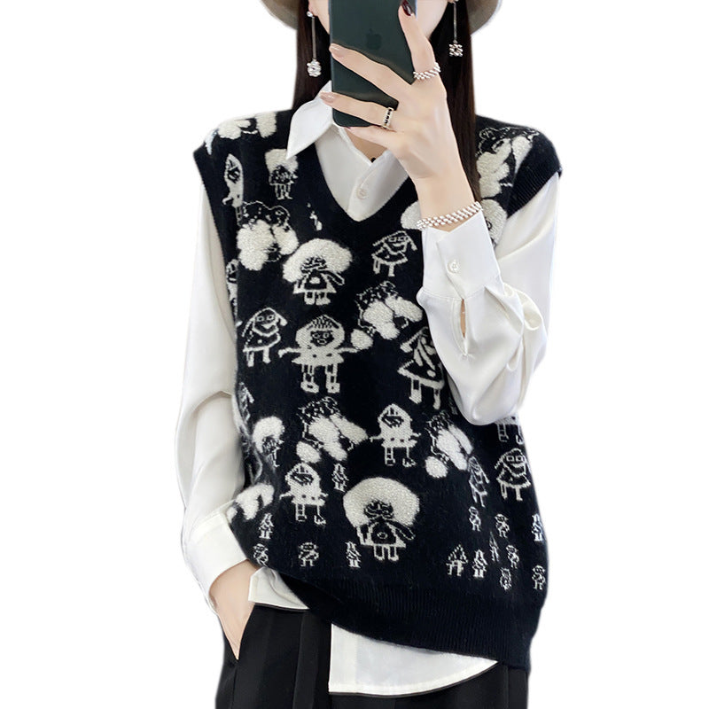 Damen Oversize-Strickweste mit V‑Ausschnitt und verspieltem Jacquard‑Motiv Shop Nory