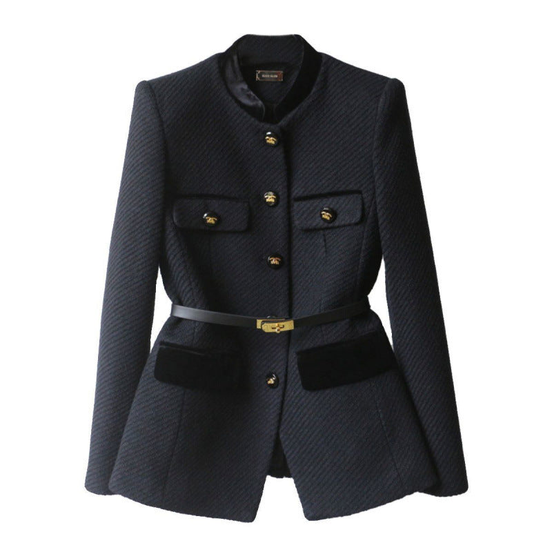 Damen Elegante Bouclé-Blazerjacke mit Samtbesatz und Taillengürtel Shop Nory