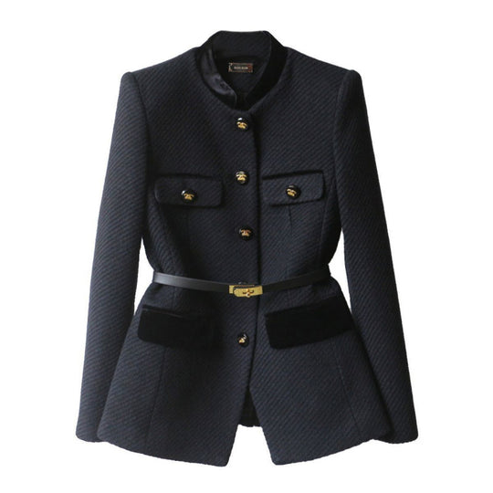 Damen Elegante Bouclé-Blazerjacke mit Samtbesatz und Taillengürtel Shop Nory