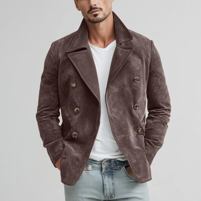 Herren Doppelreihige Velourslederjacke im Kurzmantel-Blouson mit markantem Revers Shop Nory