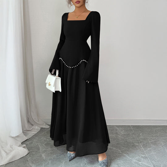 Damen nan elegantes Maxikleid mit quadratischem Ausschnitt, taillierter Schößchen-Passe und Perlenbordüre Shop Nory