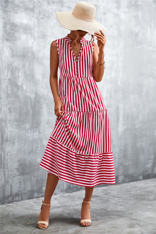 Damen Maxikleid mit gestreiftem Design, durchgehendem Knopfverschluss und voluminösem Saum