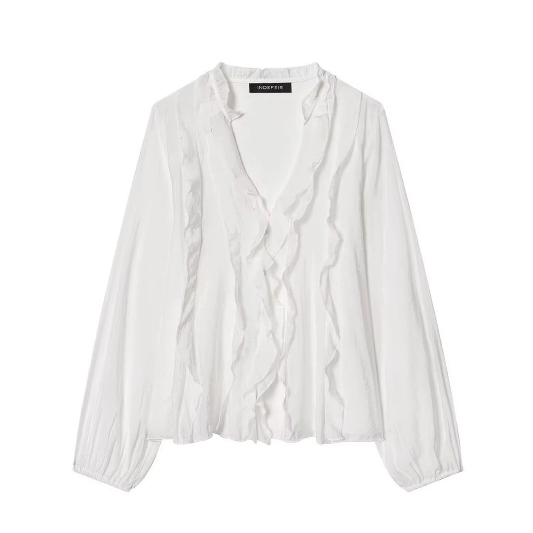 Damen Transparente Crinkle-Bluse mit Volantkragen, Rüschenfront und Ballonärmeln Shop Nory