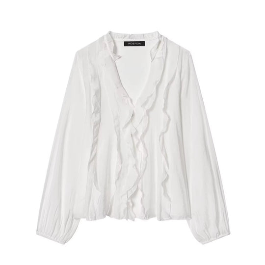 Damen Transparente Crinkle-Bluse mit Volantkragen, Rüschenfront und Ballonärmeln Shop Nory