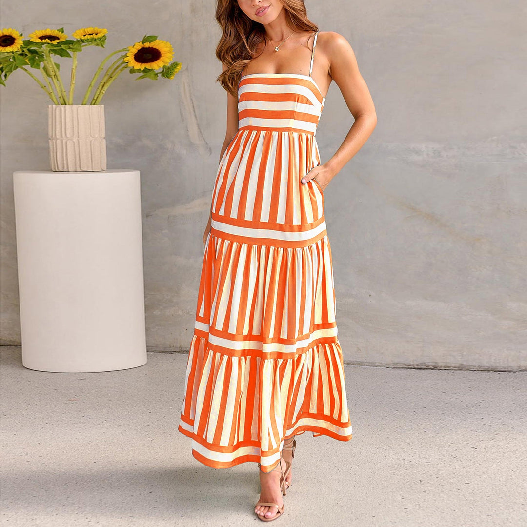 Damen Maxikleid mit Streifenmuster und fließendem Rock