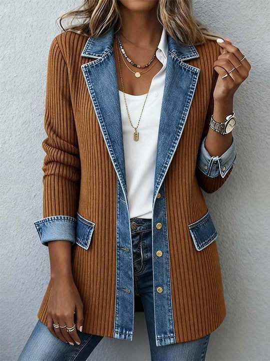 Damen Longline-Strickcardigan mit Jeanskragen und Saumbesatz Shop Nory