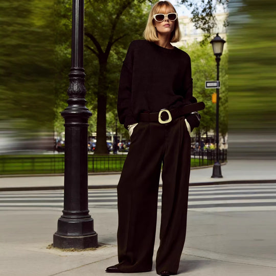 Damen hochtaillierte Culotte-Hose mit weitem Bein, Bundfalten und Statement-Gürtel Shop Nory