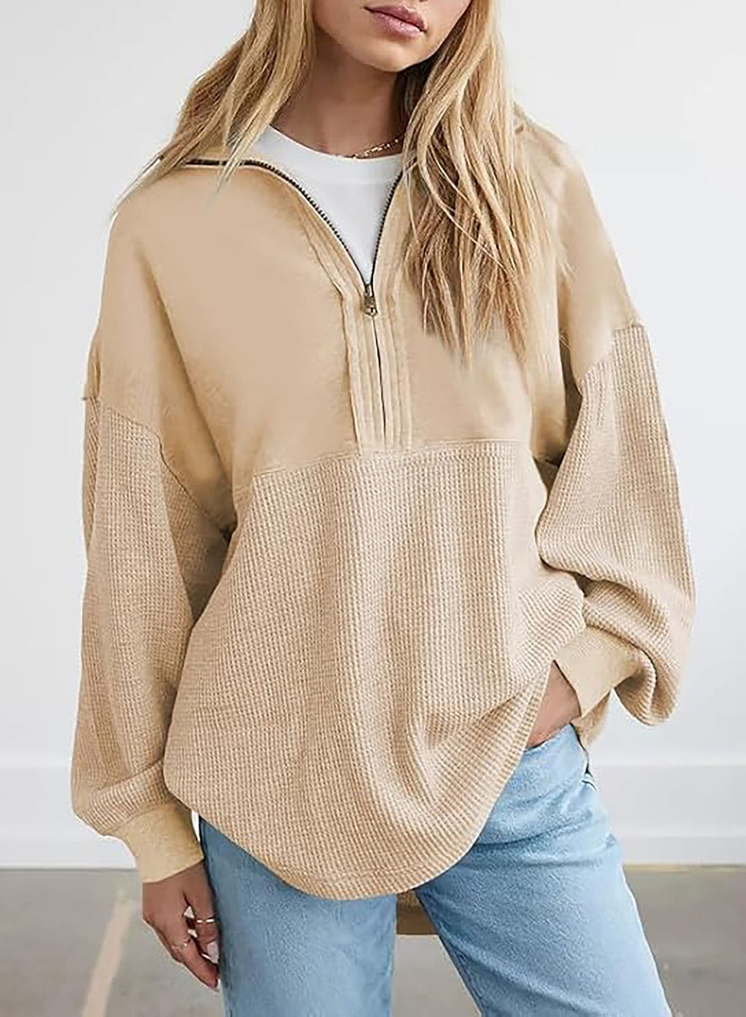 Damen Oversize-Halbzip-Pullover mit Waffelstrick-Einsätzen Shop Nory