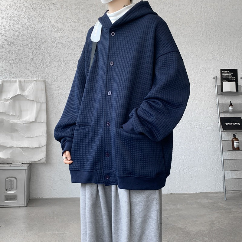 Herren Oversize-Stepp-Kapuzenjacke mit Waffelstruktur, Knopfleiste und Eingrifftaschen Shop Nory