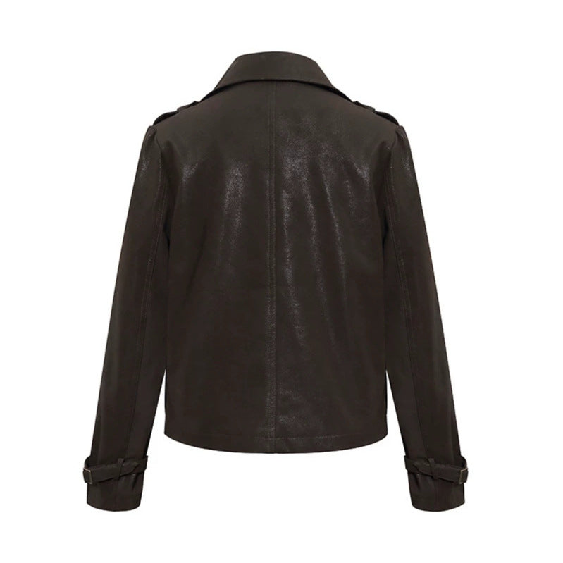 Damen Cropped Doppelreihige Lederjacke im Trenchstil mit Schulterklappen Shop Nory