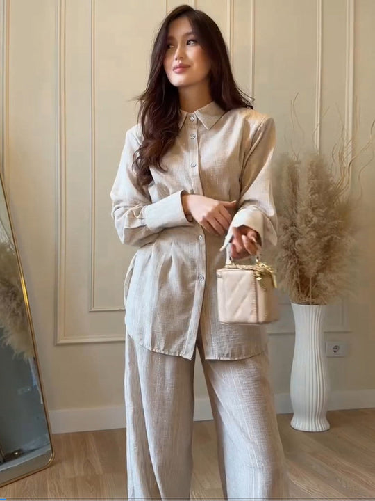 Damen Leichtes Leinen-Loungewear-Set mit Oversize-Hemd und weiter Bundhose Shop Nory