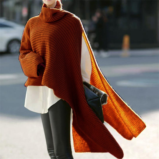 Damen Asymmetrischer Rollkragen-Poncho mit seitlichem Cape-Detail Shop Nory