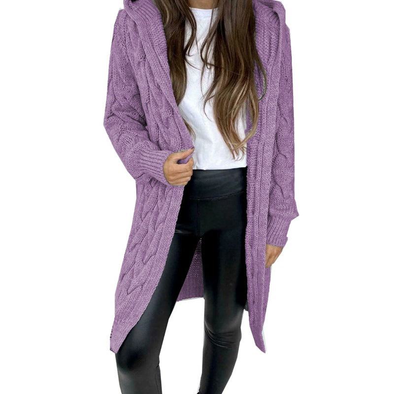 Damen lange Strickjacke mit Kapuze und Zopfdesign