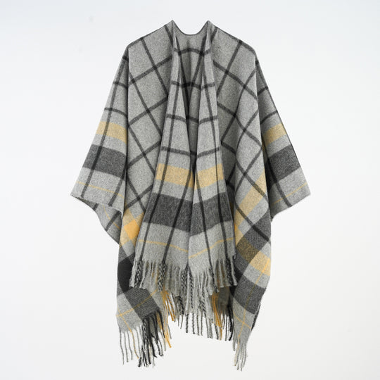 Damen Weicher Wollmix-Überwurfponcho im tartan-inspirierten Karo mit Fransen Shop Nory