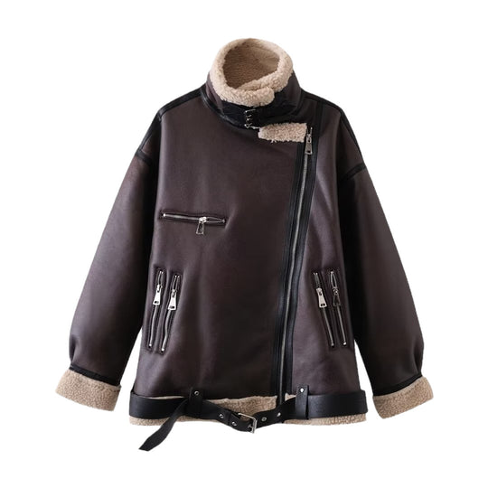 Damen Gefütterte Fliegerjacke im Aviator‑Stil mit Teddyfutter und Reißverschluss Shop Nory