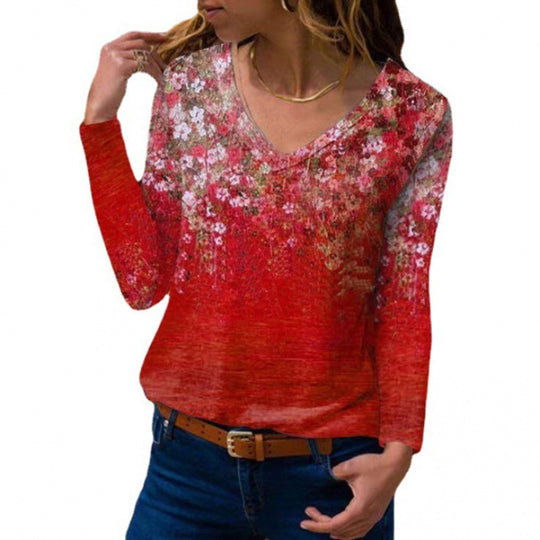 Damen Langarm V-Ausschnitt-Tunika mit floralem Aquarellprint und leichter Jersey-Qualität Shop Nory